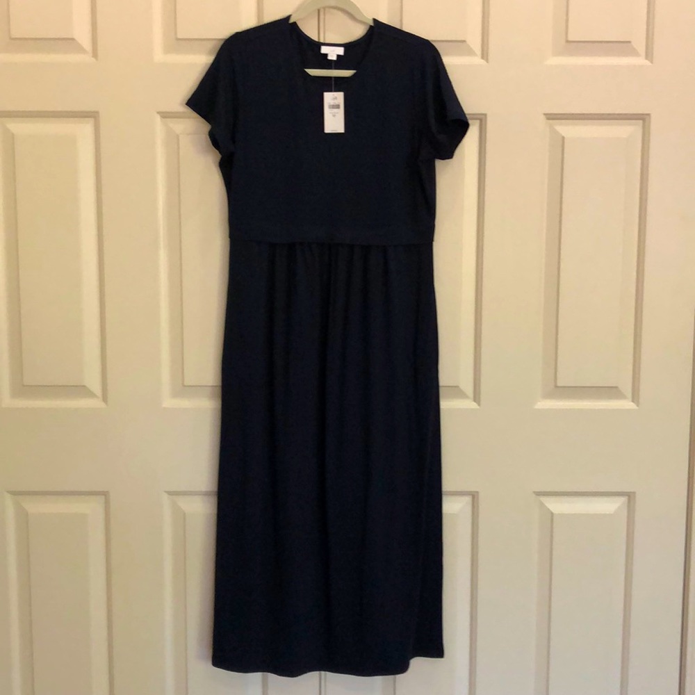 J.Jill Navy blue long dress. Short sleeves. In-seam pockets, both sides. NWT